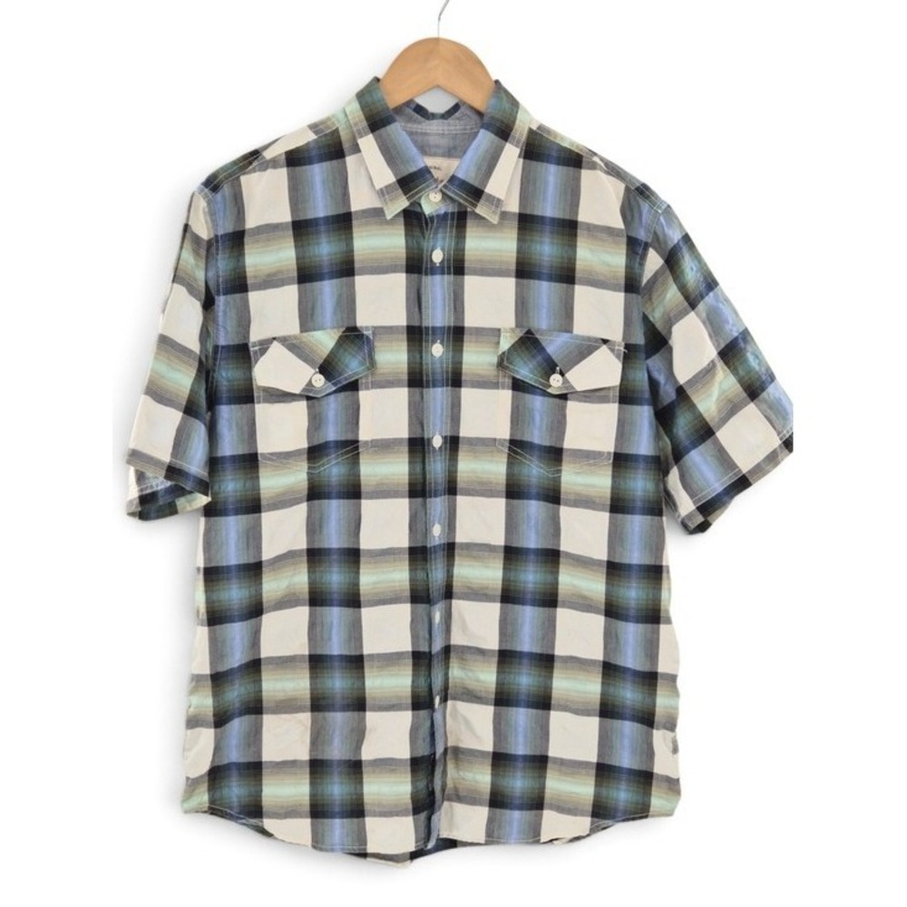 Mens Blue Green Plaid Crinkle Short Sleeve Button Up Shirt M Cotton Blend Pocket